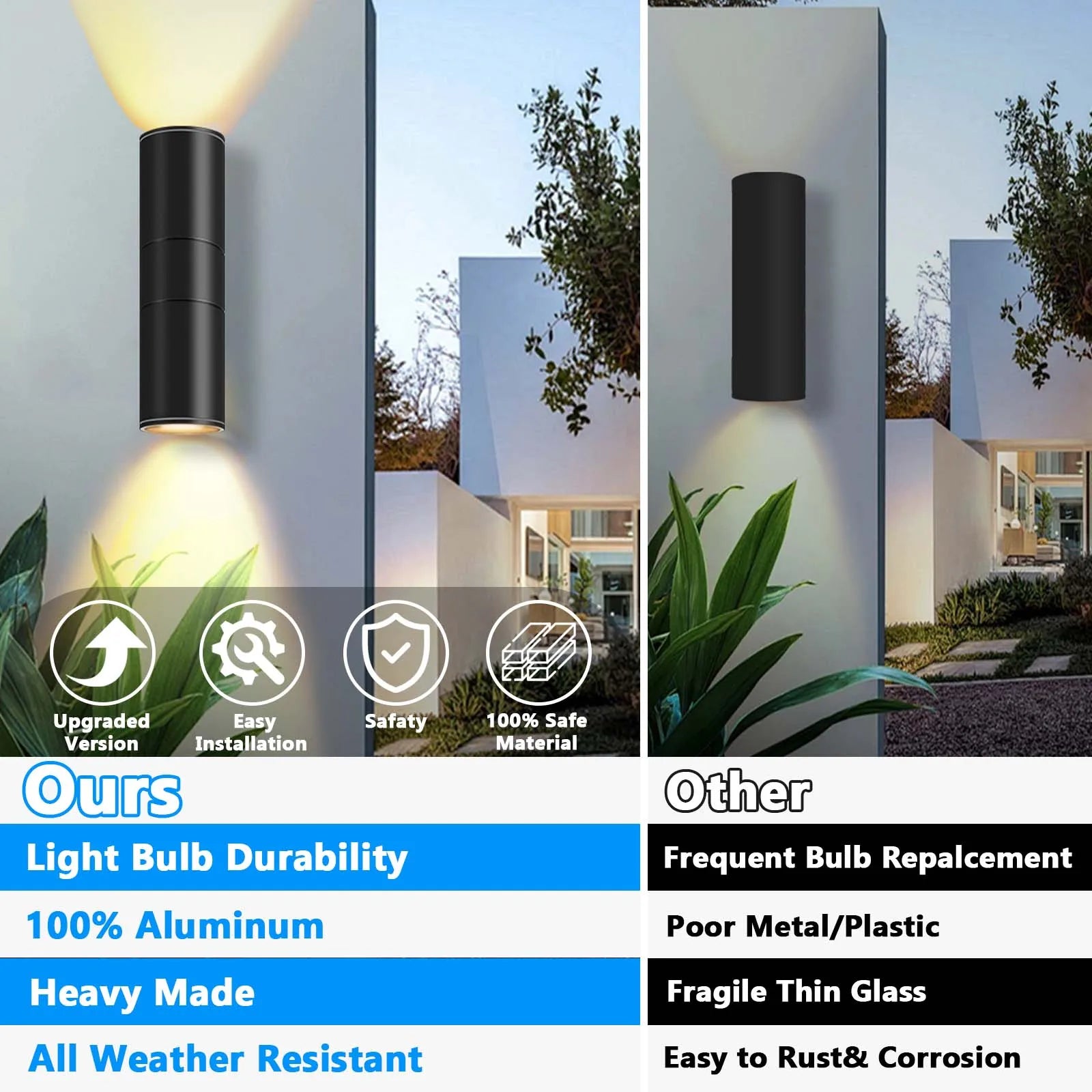 LED Outdoor Wall Light 12W IP65 Waterproof Up&Down 2-heads Light Modern Home Decor Black Aluminum Wall Lamps for Porch Courtyard
